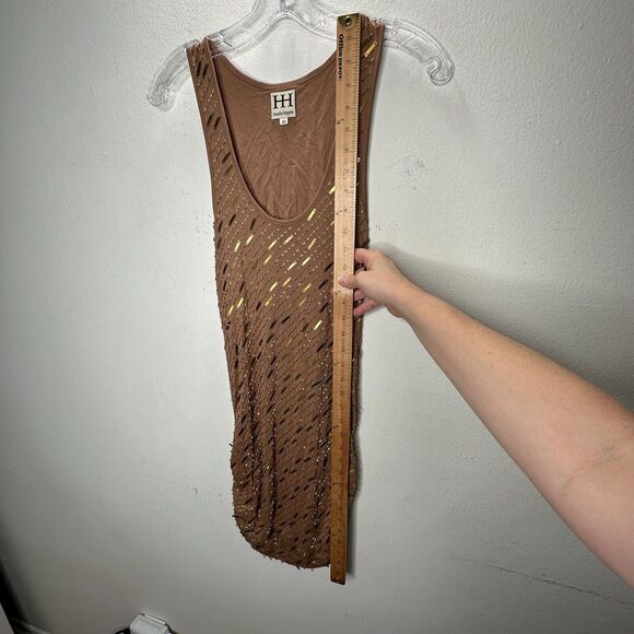 Haute Hippie Chocolate Brown Tank Mini Dress Side Ruche Gold & Beaded Adornment - Picture 12 of 14